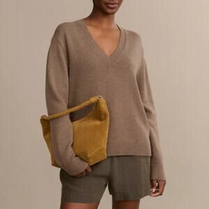 Jenni Kayne Simone V-Neck Sweater Merino Wool Blend Doe Tan Size Small
